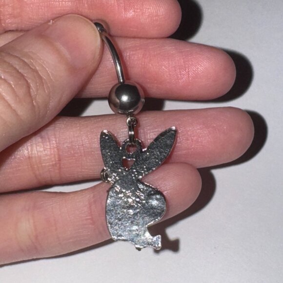 Hot Pink and white Play boy-looking Bunny Dangle Belly Ring - Picture 6 of 9